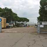 L'imponente ingresso della Nuovo Pignone con l'insegna bianca a caratteri cubitali fiancheggiata da una schiera di alberi 